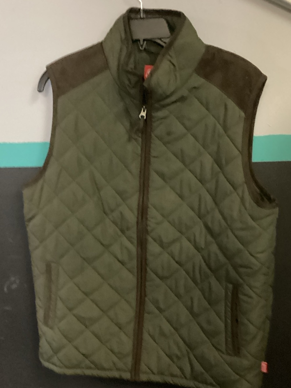 Coleman Olive Green Quilted Vest with Brown Trim